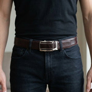 Burgundy Crocodile Stomach Leather Belt, worn around the waist