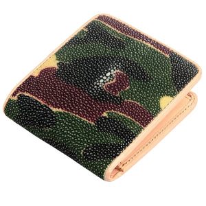 Camouflage Stingray Bifold with Tan Trim showing front panel above a partly open bifold.