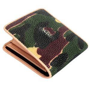 Camouflage Stingray Bifold with Tan Trim showing the camouflage pearl panel above the partly opened fold.
