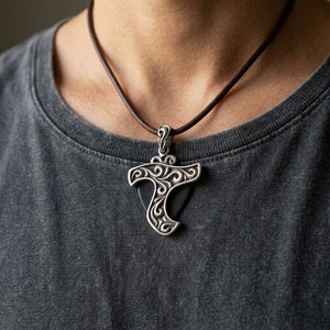 Carved Tribal Guitar Pick Holder in Sterling Silver, worn at the neckline
