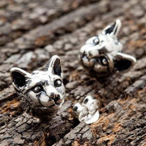 Katthuvud stiftörhängen i sterlingsilver, kattpar framifrån