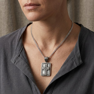 Celtic Cross Sterling Silver Dog Tag Pendant worn at the neckline
