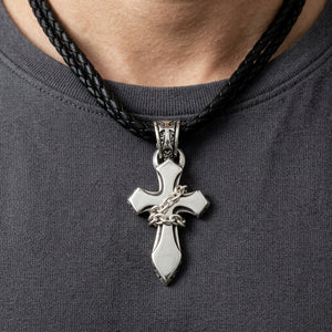 Chained Gothic Cross Leather Necklace, worn at the neckline