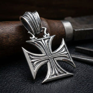 Chopper Maltese Cross Sterling Silver Pendant, Maltese cross pendant front on display