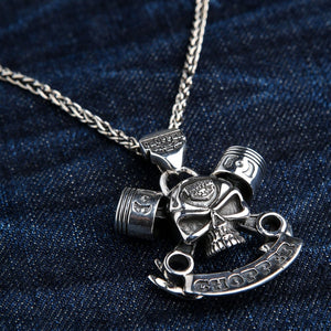 Chopper Skull and Piston Sterling Silver Pendant shown in banner on blue detail view.