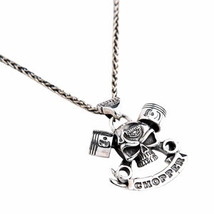 Chopper Skull and Piston Sterling Silver Pendant shown in chopper front angle view.