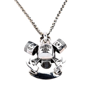 Chopper Skull and Piston Sterling Silver Pendant shown in chopper reverse view.