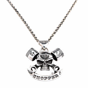 Chopper Skull and Piston Sterling Silver Pendant shown in skull pistons front view.