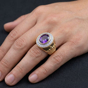 Amethyst Crown Gold-Plated Bishop Ring, worn on an adult model