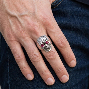 Clear CZ Red-Eye Sterling Silver Skull Ring, worn on hand