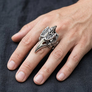 Anillo de cráneo de cálao en plata de ley con circonitas transparentes puesto en una mano