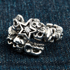 Clear CZ Star Skull Sterling Silver Ring, cz star detail
