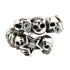 Clear CZ Star Skull Sterling Silver Ring, cz star skull ring front