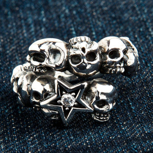 Clear CZ Star Skull Sterling Silver Ring, ring on denim front
