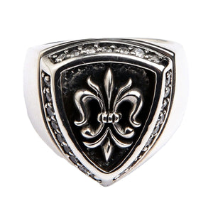 Diamond Fleur-de-Lis schildring van sterling zilver, Franse lelie voorzijde en rand van heldere stenen