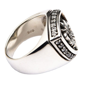Diamond Fleur-de-Lis schildring van sterling zilver, zijprofiel gladde ringband