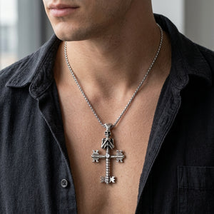 Clear-Stone Skull Key Sterling Silver Pendant shown 30% larger on the neck
