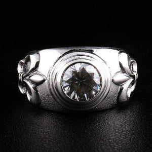 Clear Topaz Fleur-de-Lis Sterling Silver Ring. Round stone front.