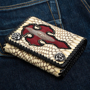 Cobra Skin Red Stingray Cross Biker Wallet, front left angle