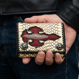 Cobra Skin Red Stingray Cross Biker Wallet, held in hand