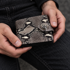 Cobra Snakeskin Leather Bifold Wallet, shown in use at realistic scale