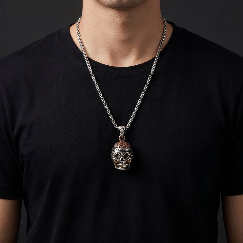 Серебряный кулон Sugar Skull с медным мозгом — на цепочке