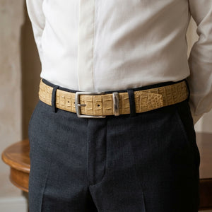 Cream Crocodile Hornback Leather Belt worn through dark trouser belt loops