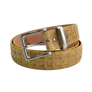 Cintura in pelle di coccodrillo hornback crema, fibbia color argento angolata e passante in pelle