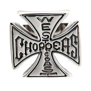 Bague motard en argent sterling avec croix à lettrage, face avec lettrage West Coast Choppers