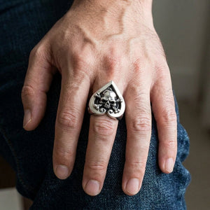 Crossbones Skull Heart Sterling Silver Ring, worn on the hand
