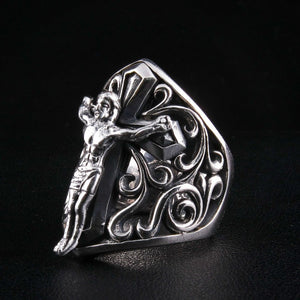 Bague bouclier crucifix et filigrane en argent sterling .925, profil latéral de la bague
