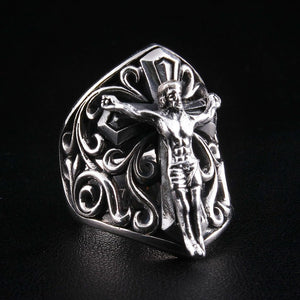 Bague bouclier crucifix et filigrane en argent sterling .925, bague de trois-quarts gauche