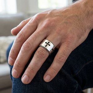 Cutout Cross Sterling Silver Band Ring, worn on hand