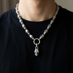 CZ Eye Skull Link Sterling Silver Necklace, worn chest detail