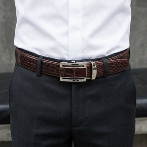 Dark Brown Crocodile Leather Belt worn through dark trouser belt loops