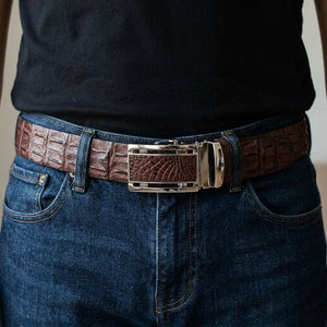Dark Brown Crocodile Hornback Leather Belt, worn around the waist