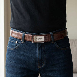 Dark Brown Crocodile Stomach Leather Belt, worn around the waist