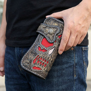 Dark Floral Demon Skull Leather Wallet, held in hand