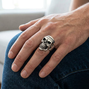 Deadcity Choppers Skull Sterling Silver Ring, worn on the hand