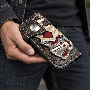 Demon Skull Cobra and Red Stingray Leather Wallet, held by a model at waist level