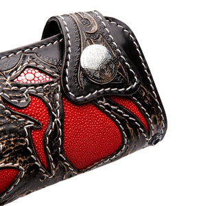 Roter Dämon Lange Biker-Geldbörse aus Rochenleder, Geldbörse Druckknopf-Detail