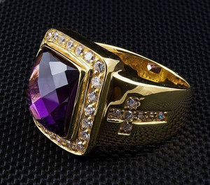 Bague d'évêque à croix et améthyste carrée plaquée or, croix sertie de pierres