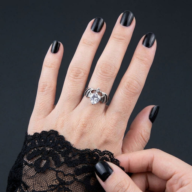 Diamond Heart Bat Wing Sterling Silver Ring