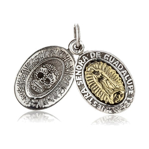 Guadalupe and sugar skull medals side by side on one silver jump ring