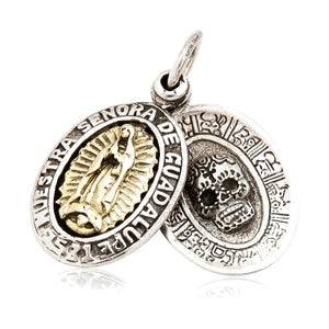 Three-quarter view of the Guadalupe and sugar skull medals overlapping