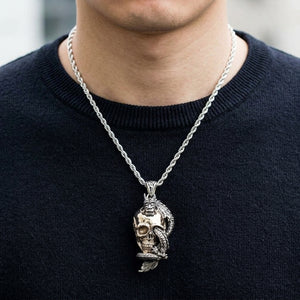 Dragon and Brass Skull Sterling Silver Pendant shown at the neckline
