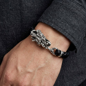 Dragon Head Sterling Silver and Leather Bracelet, worn on an adult model
