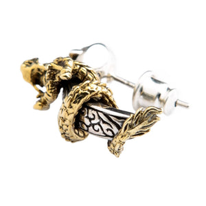 Drake och svart sten stiftörhänge i 925 sterlingsilver, drake och böjt silverelement
