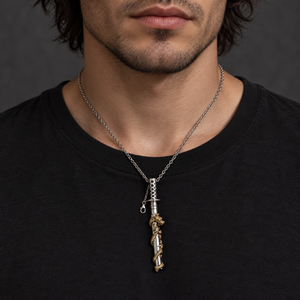 Dragon Katana Sterling Silver Sword Pendant, shown in use at realistic scale