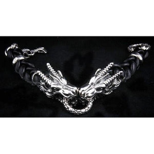 Lederarmband mit zwei Drachenköpfen aus Sterlingsilber, Armband in voller Länge